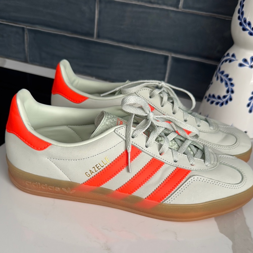 Adidas Gazelle Sneakers in Light Green and Bright Orange
